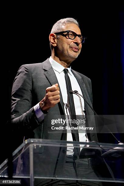 Jeff Goldblum speaks onstage during the Thelonious Monk Institute International Jazz Vocals Competition 2015 at Dolby Theatre on November 15, 2015 in...