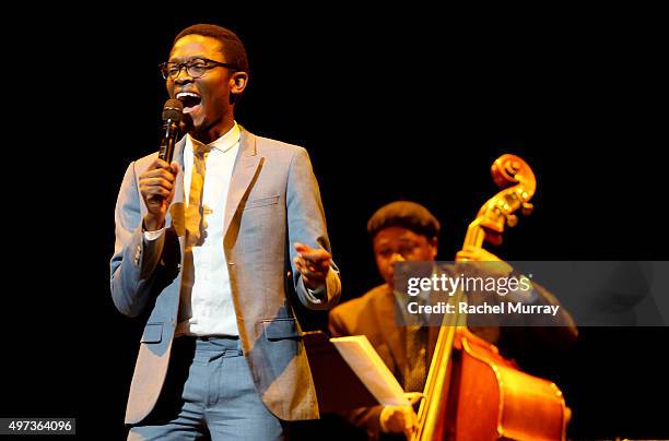 Finalist Vuyolwethu Sotashe performs onstage during the Thelonious Monk Institute International Jazz Vocals Competition 2015 at Dolby Theatre on...