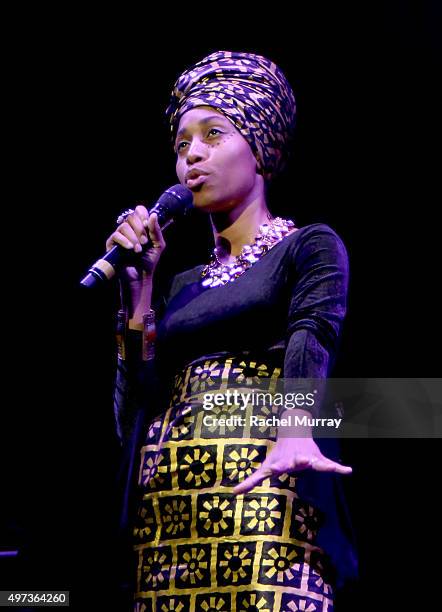 Finalist Jazzmeia Horn performs onstage during the Thelonious Monk Institute International Jazz Vocals Competition 2015 at Dolby Theatre on November...