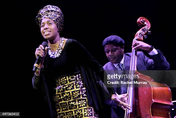 Finalist Jazzmeia Horn performs onstage during the Thelonious Monk Institute International Jazz Vocals Competition 2015 at Dolby Theatre on November...