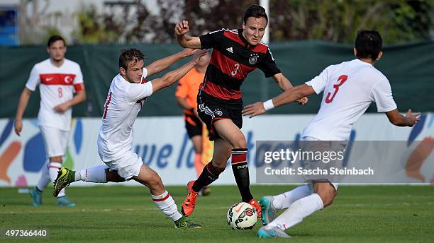 Dominik Franke of Germany plays the ball during the U18 four nations friendly tournament match between Turkey and Germany at Emirhan Sport Complex on...