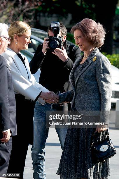 Queen Sofia and President of Madrid Community Cristina Cifuentes attend 'La Paz Hospital 50th Anniversary' at La Paz Hospital on November 16, 2015 in...