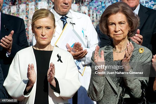 Queen Sofia and President of Madrid Community Cristina Cifuentes attend 'La Paz Hospital 50th Anniversary' at La Paz Hospital on November 16, 2015 in...