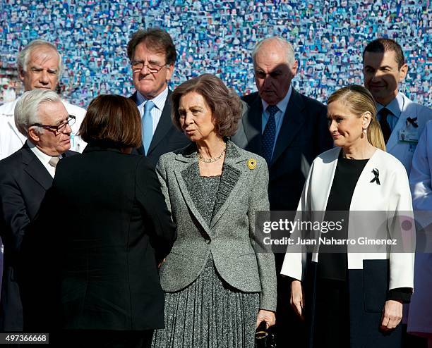 Queen Sofia and President of Madrid Community Cristina Cifuentes attend 'La Paz Hospital 50th Anniversary' at La Paz Hospital on November 16, 2015 in...