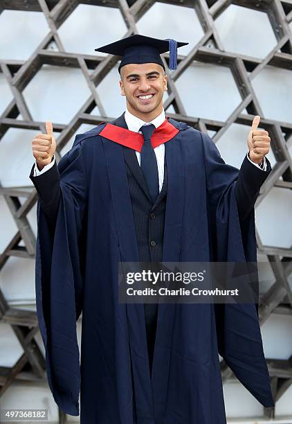 British sprinter Adam Gemili poses for a photo at his graduation ceremony after gaining a 2:1 in Sport and Exercise Science from The University of...