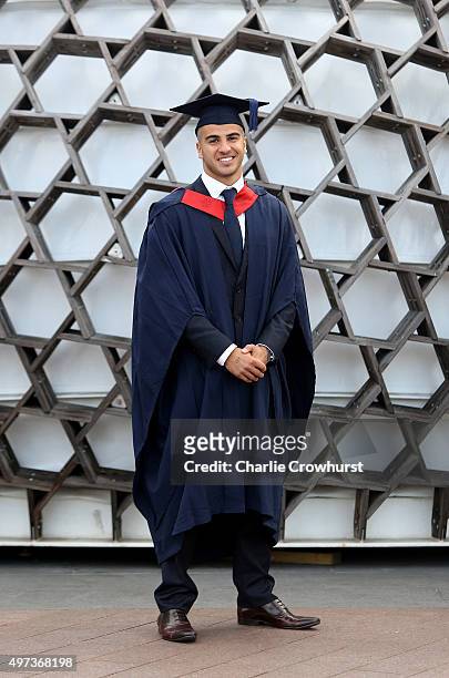 British sprinter Adam Gemili poses for a photo at his graduation ceremony after gaining a 2:1 in Sport and Exercise Science from The University of...