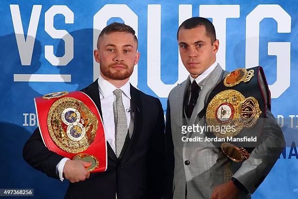 Carl Frampton and Scott Quigg go head-to-head during a press conference at the Park Plaza Riverbank on November 16, 2015 in London, England.