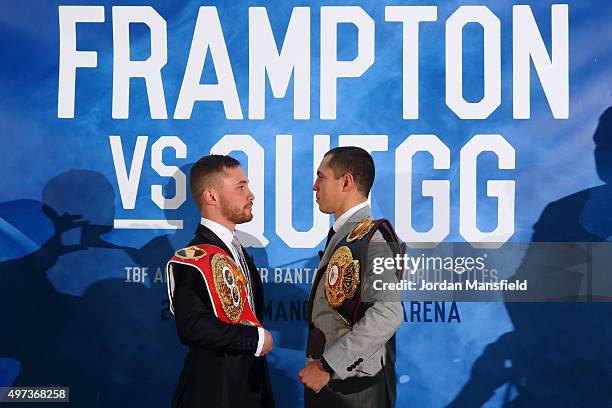 Carl Frampton and Scott Quigg go head-to-head during a press conference at the Park Plaza Riverbank on November 16, 2015 in London, England.