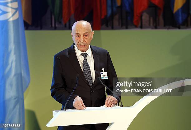 President of the Libyan Council of Deputies Aguila Saleh Issa speaks during the opening of the General Conference to celebrate the 70th anniversary...