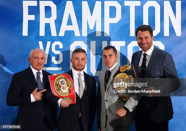 Barry McGuigan, Carl Frampton, Scott Quigg and Eddie Hearn pose for a photo during a press conference at the Park Plaza Riverbank on November 16,...