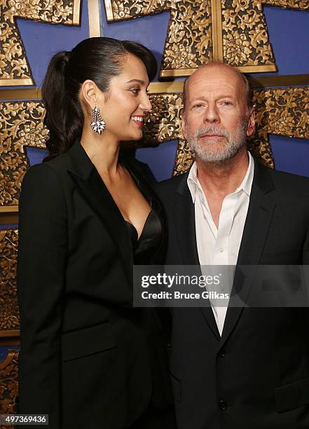 Emma Heming Willis and husband Bruce Willis pose at the Opening Night "Misery" on Broadway at TAO Downtown on November 15, 2015 in New York City.