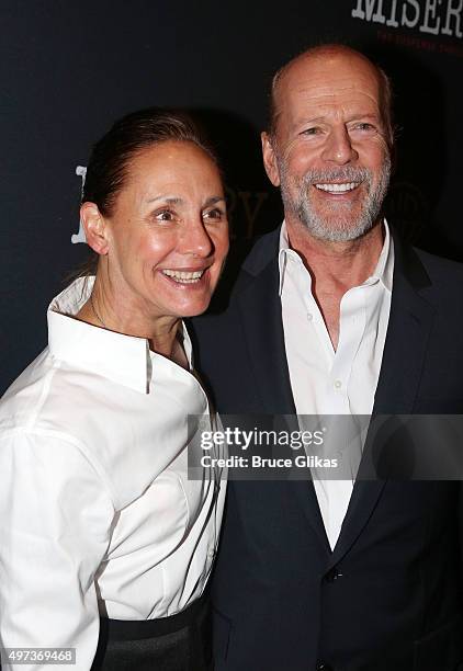 Laurie Metcalf and Bruce Willis pose at the Opening Night After Party for "Misery" on Broadway at TAO Downtown on November 15, 2015 in New York City.