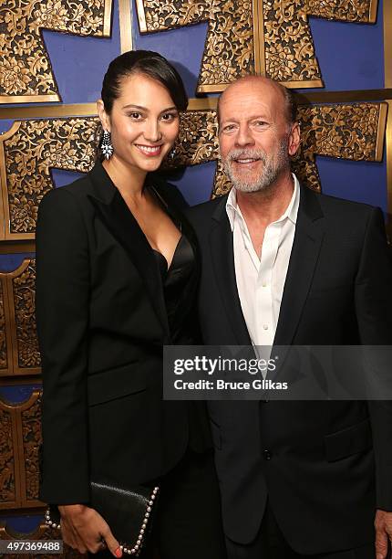 Emma Heming Willis and husband Bruce Willis pose at the Opening Night "Misery" on Broadway at TAO Downtown on November 15, 2015 in New York City.