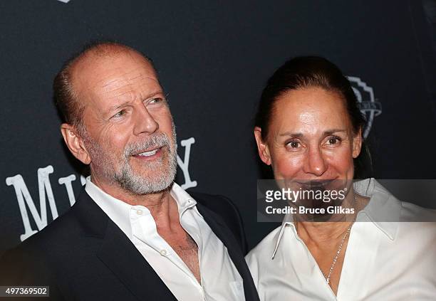 Bruce Willis and Laurie Metcalf pose at the Opening Night After Party for "Misery" on Broadway at TAO Downtown on November 15, 2015 in New York City.