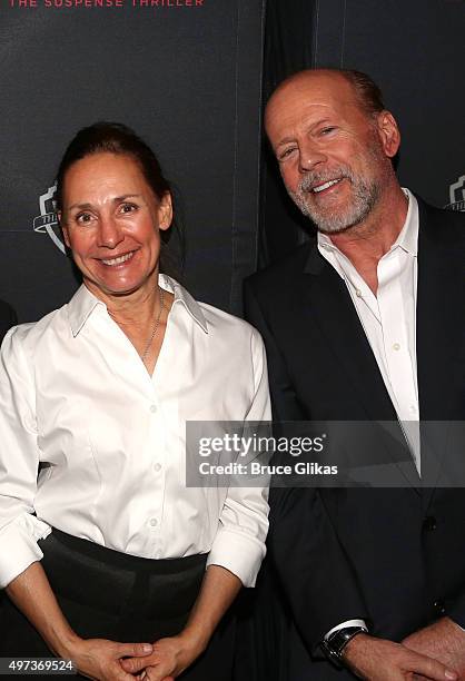 Laurie Metcalf and Bruce Willis pose at the Opening Night After Party for "Misery" on Broadway at TAO Downtown on November 15, 2015 in New York City.