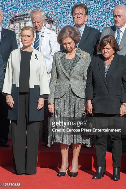 Queen Sofia and Cristina Cifuentes observe a minute silence's for Paris victims during "La Paz" Hospital 50th Anniversary' on November 16, 2015 in...