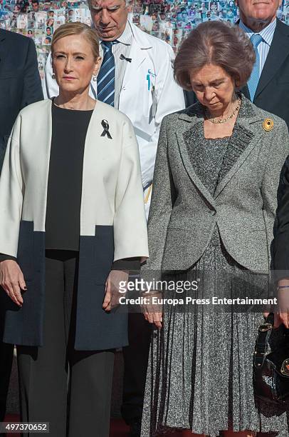 Queen Sofia and Cristina Cifuentes observe a minute silence's for Paris victims during "La Paz" Hospital 50th Anniversary' on November 16, 2015 in...