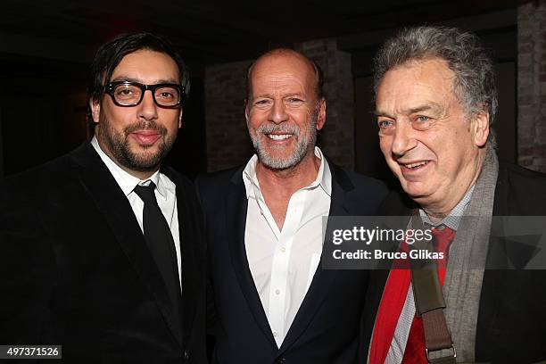 Director Will Frears, Bruce Willis and Stephen Frears pose at the Opening Night After Party for "Misery" on Broadway at TAO Downtown on November 15,...