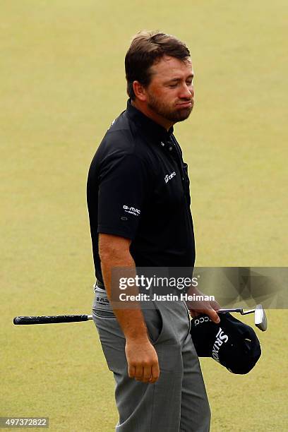 Graeme McDowell of Northern Ireland celebrates on the 18th hole green after winning the three man playoff in the final round of the OHL Classic at...