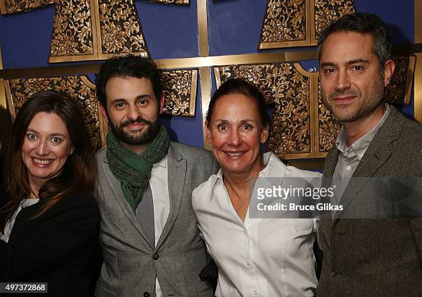 Zoe Perry, Arian Moayed, Laurie Metcalf and Omar Metwally pose at the Opening Night After Party for "Misery" on Broadway at TAO Downtown on November...