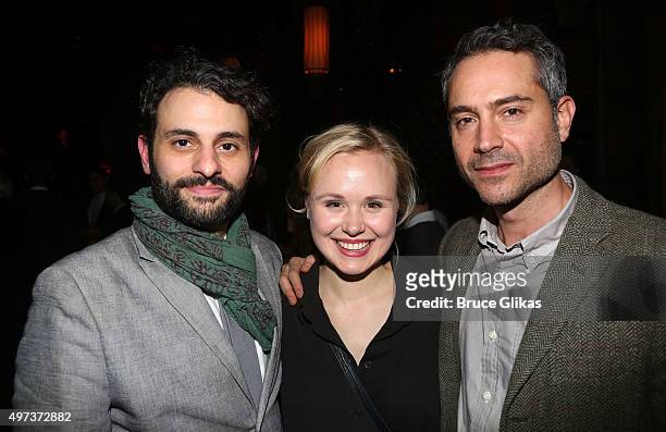 Arian Moayed, Allison Pill and Omar Metwally pose at the Opening Night After Party for "Misery" on Broadway at TAO Downtown on November 15, 2015 in...