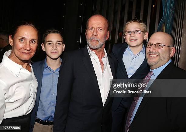 Laurie Metcalf and Bruce Willis pose with Warner Brothers Theatrical's Mark Kaufman and family at the Opening Night After Party for "Misery" on...