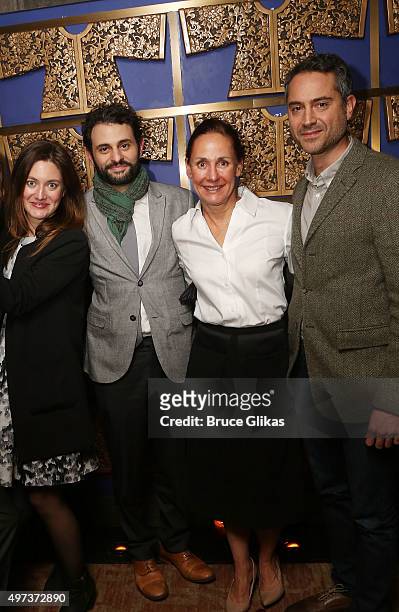 Zoe Perry, Arian Moayed, Laurie Metcalf and Omar Metwally pose at the Opening Night After Party for "Misery" on Broadway at TAO Downtown on November...