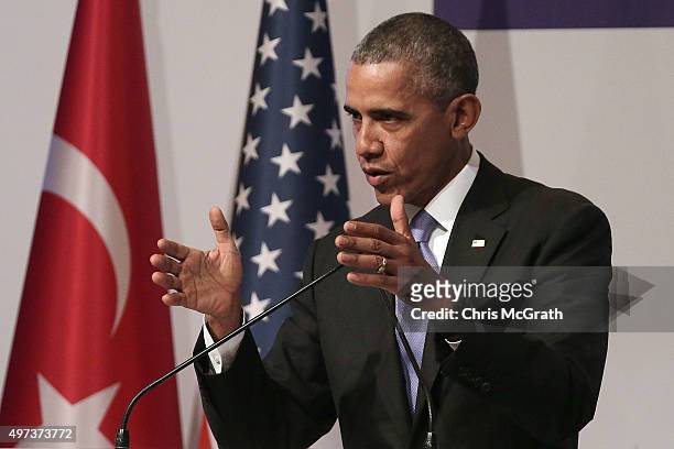President Barack Obama speaks to the media during his closing press conference on day two of the G20 Turkey Leaders Summit on November 16, 2015 in...
