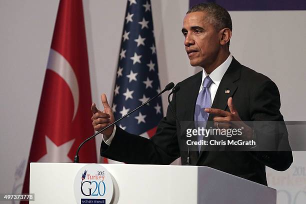 President Barack Obama speaks to the media during his closing press conference on day two of the G20 Turkey Leaders Summit on November 16, 2015 in...