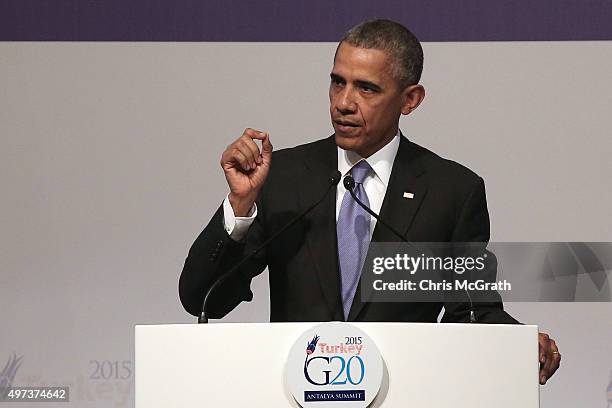 President Barack Obama speaks to the media during his closing press conference on day two of the G20 Turkey Leaders Summit on November 16, 2015 in...