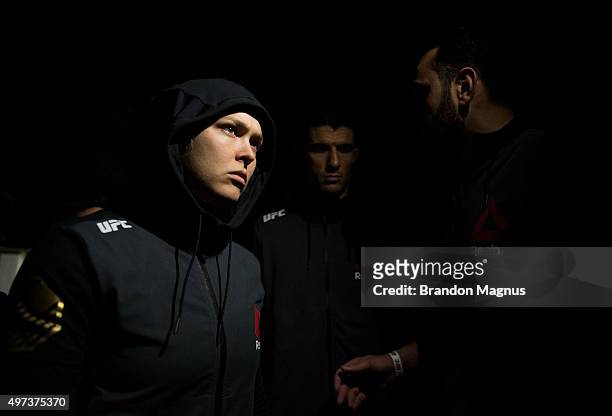 Ronda Rousey prepares to enter the Octagon before facing Holly Holm in their UFC women's bantamweight championship bout during the UFC 193 event at...
