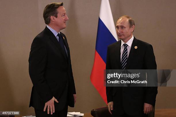 British Prime Minister David Cameron and Russian President Vladimir Putin react after posing for a photograph during their bilateral meeting on day...