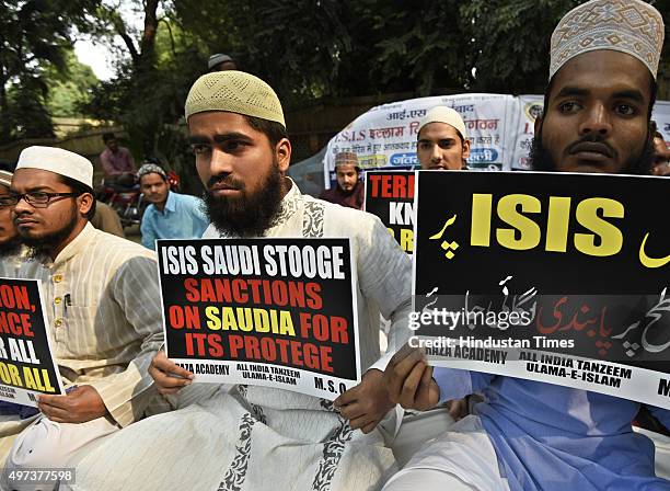 Raza Academy members during a protest against the terrorist attack in Paris and Beirut at Jantar Mantar on November 16, 2015 in New Delhi, India. At...