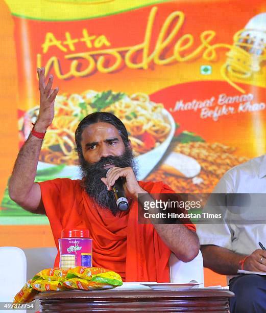 Baba Ramdev launching Patanjali Atta Noodels on November 16, 2015 in New Delhi, India. Baba Ramdev-promoted Patanjali launched its whole wheat...