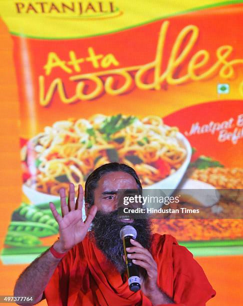 Baba Ramdev launching Patanjali Atta Noodles on November 16, 2015 in New Delhi, India. Baba Ramdev-promoted Patanjali launched its whole wheat...