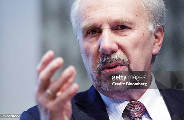 Ewald Nowotny, governor of Austria's central bank, gestures as he speaks during the Global Economy Lecture at the Austrian central bank, also known...