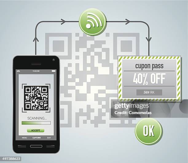 smart phone reading qr cupon code - scan qr code stock illustrations