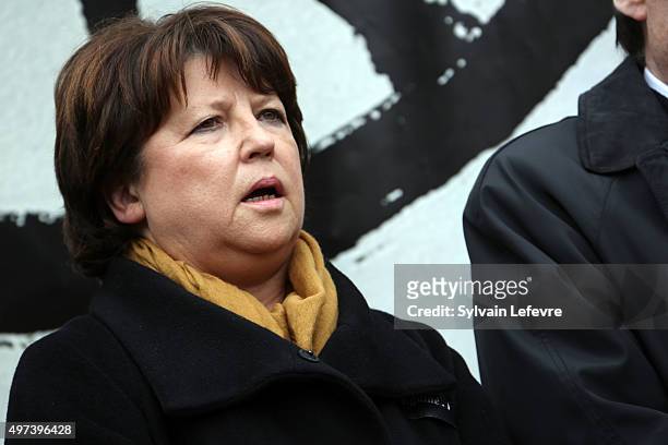 Lille's mayor and former Socialist party first secretary Martine Aubry sings "La Marseillaise" France National Hymn after the minute of silence in...