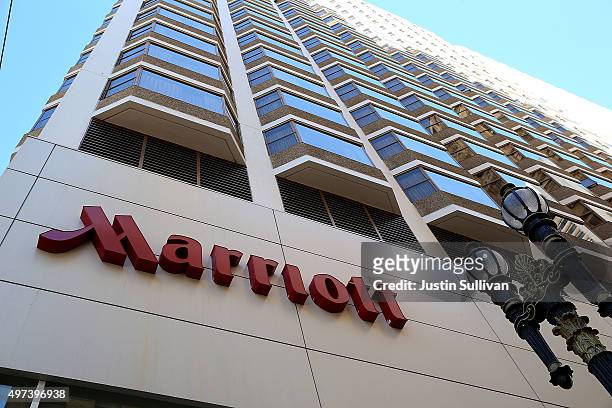 Sign is posted in front of a Marriott hotel on November 16, 2015 in San Francisco, California. Marriott International announced plans to purchase...