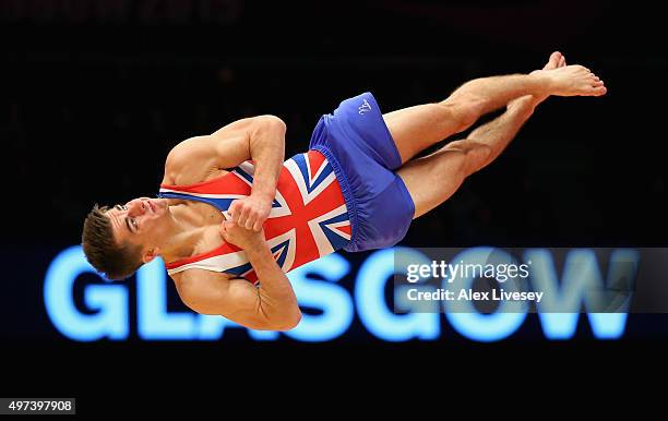 Max Whitlock of Great Britain wins Silver in the Floor Final during day nine of the 2015 World Artistic Gymnastics Championships at The SSE Hydro on...