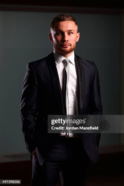 Carl Frampton poses for a picture during the Carl Frampton and Scott Quigg Press Conference at the Park Plaza Riverbank on November 16, 2015 in...