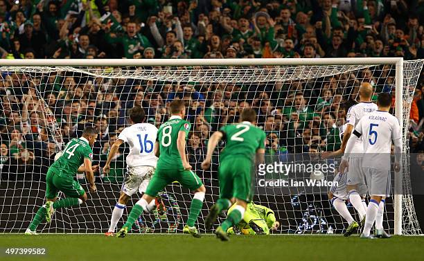 Jon Walters of the Republic of Ireland scores the opening goal from the penalty spot during the UEFA EURO 2016 Qualifier play off, second leg match...