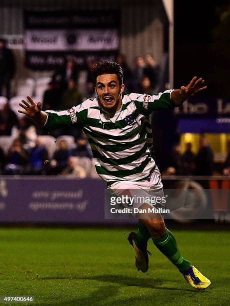 Jordan Williams of Northwich Victoria celebrates scoring his side's first goal during the Emirates FA Cup First Round Replay between Boreham Wood and...