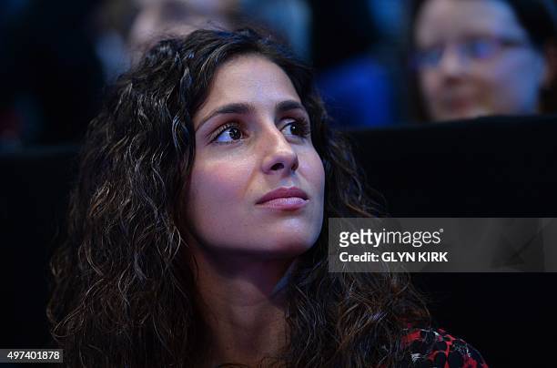 The girlfriend of Spain's Rafael Nadal, Maria Francisca Perello, arrives on court to watch him play against Switzerland's Stan Wawrinka during their...