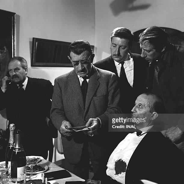 Louis Arbessier, Noël Roquevert, Pierre Tornade, Michel Robin and Daniel Darnal in "The Subway ticket", drama realized by Marc Simenon in the series...