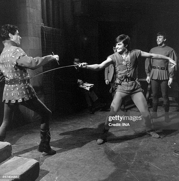 Sady Rebbot and Jean-Claude Drouot fighting in the sword in a scene of an episode of "Thierry the sling"