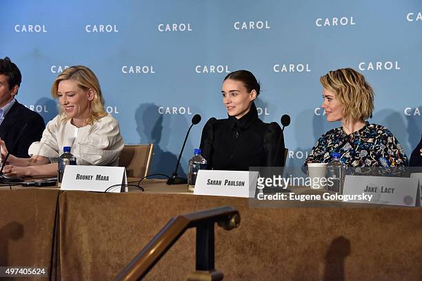 Cate Blanchett, Rooney Mara, and Sarah Paulson attend the CAROL New York Press Conference at Essex House, Petit Salon on November 16, 2015 in New...