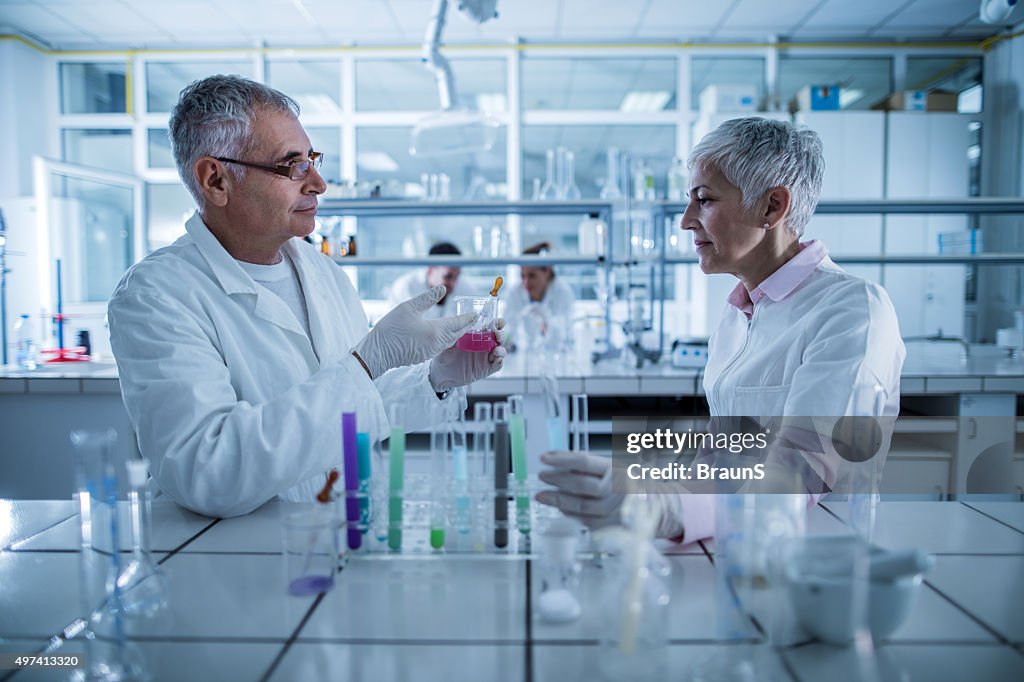 Deux-chimistes communiquer dans un laboratoire tout en travaillant sur expe