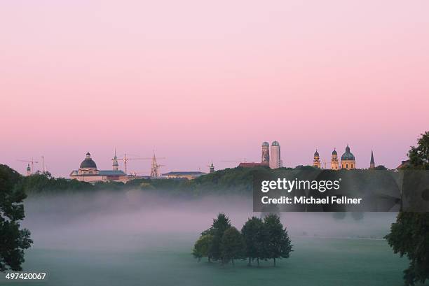 english garden with munich silhouette in the morni - silhouette münchen stock pictures, royalty-free photos & images