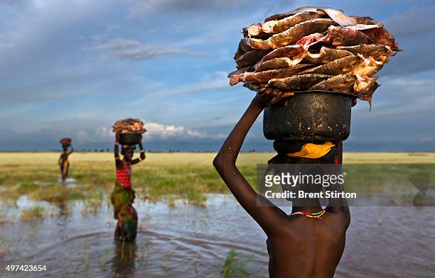 Dasenetch pastoralist people with their catch of Tilapia fish in Lake Turkana in North Kenya, 20 May 2010. Fishing is a relatively new phenomenon for...
